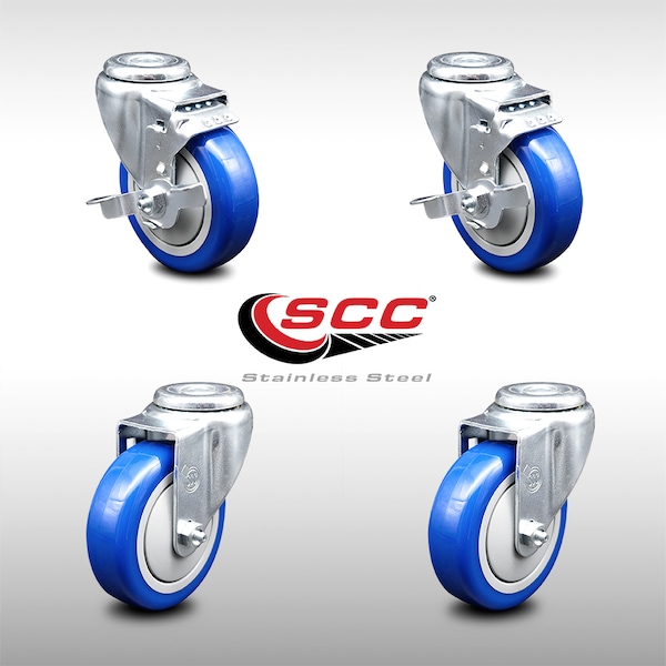 Service Caster 4 Inch SS Blue Polyurethane Wheel Swivel Bolt Hole Caster Set with 2 Brake SCC SCC-SSBH20S414-PPUB-BLUE-TLB-2-S-2 - main